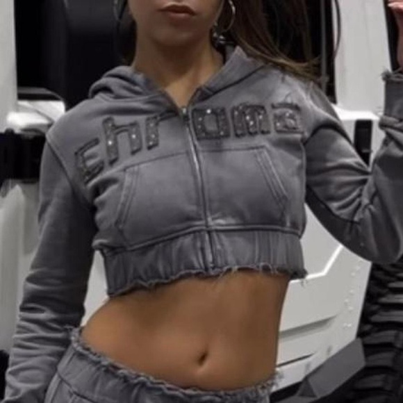 Dolls Kill Tops - Chroma Gray Cropped Zip-Up Hoodie with Embellished Logo